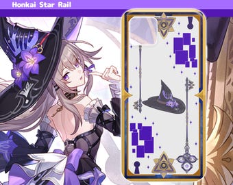 Puede incluir: Una funda de teléfono rectangular con fondo blanco y una ilustración central de un sombrero de bruja negro adornado con flores moradas. El diseño incluye dos bastones metálicos verticales, cuadrados geométricos morados y estrellas doradas.