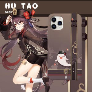 May include: A brown smartphone case featuring a graphic of a white ghost character with a black hat and red flower accents. The case includes a vertical stripe design with small butterfly motifs and a tassel detail, matching the Hu Tao character theme.