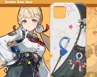 Pode incluir: Uma capa retangular para smartphone com fundo branco, contornos de estrelas coloridas, um gráfico de ferramenta mecânica azul e prateada e uma seção verde-escura. O texto ALICE THYMEFIELD e Zenless Zone Zero aparece no topo.