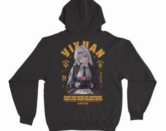 Puede incluir: Una sudadera con capucha negra que presenta un gráfico en la espalda de un personaje estilo anime con cabello blanco, vistiendo un traje oscuro y corbata, sosteniendo un objeto rojo. El texto dice YIXUAN, RUPTURE, S RANK y THOSE WHO ENTER MY SANCTUARY SHALL FIND THEIR TROUBLES LIFTED.