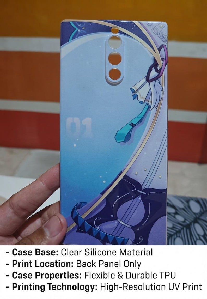 May include: A rectangular phone case with a light blue and purple anime-style graphic print. The design features the number 01, a teal necktie, and a stringed instrument. The case has circular cutouts at the top for camera and sensor components.