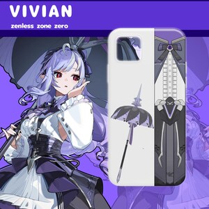 Pode incluir: Uma capa de smartphone branca com uma estampa gr&aacute;fica da personagem Vivian de Zenless Zone Zero, exibindo um traje roxo e branco, um guarda-chuva preto e branco e um painel vertical com um design detalhado de espartilho e la&ccedil;o.