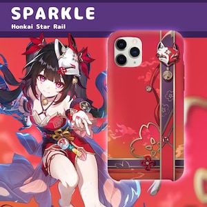 May include: A smartphone case featuring a red background with a vertical purple stripe, a gold-outlined flower motif, and a fox mask emblem with a small bell. The design includes the text SPARKLE Honkai Star Rail and an illustration of a character.