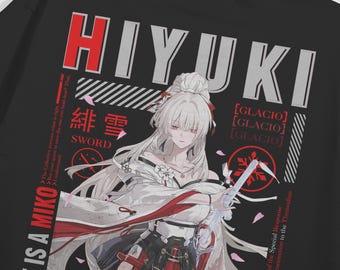 May include: A black t-shirt featuring a graphic print of a white-haired character in traditional attire holding a sword. The design includes the text HIYUKI, SHE IS A MIKO, GLACIO, and Japanese characters, accented with red and white floral elements.