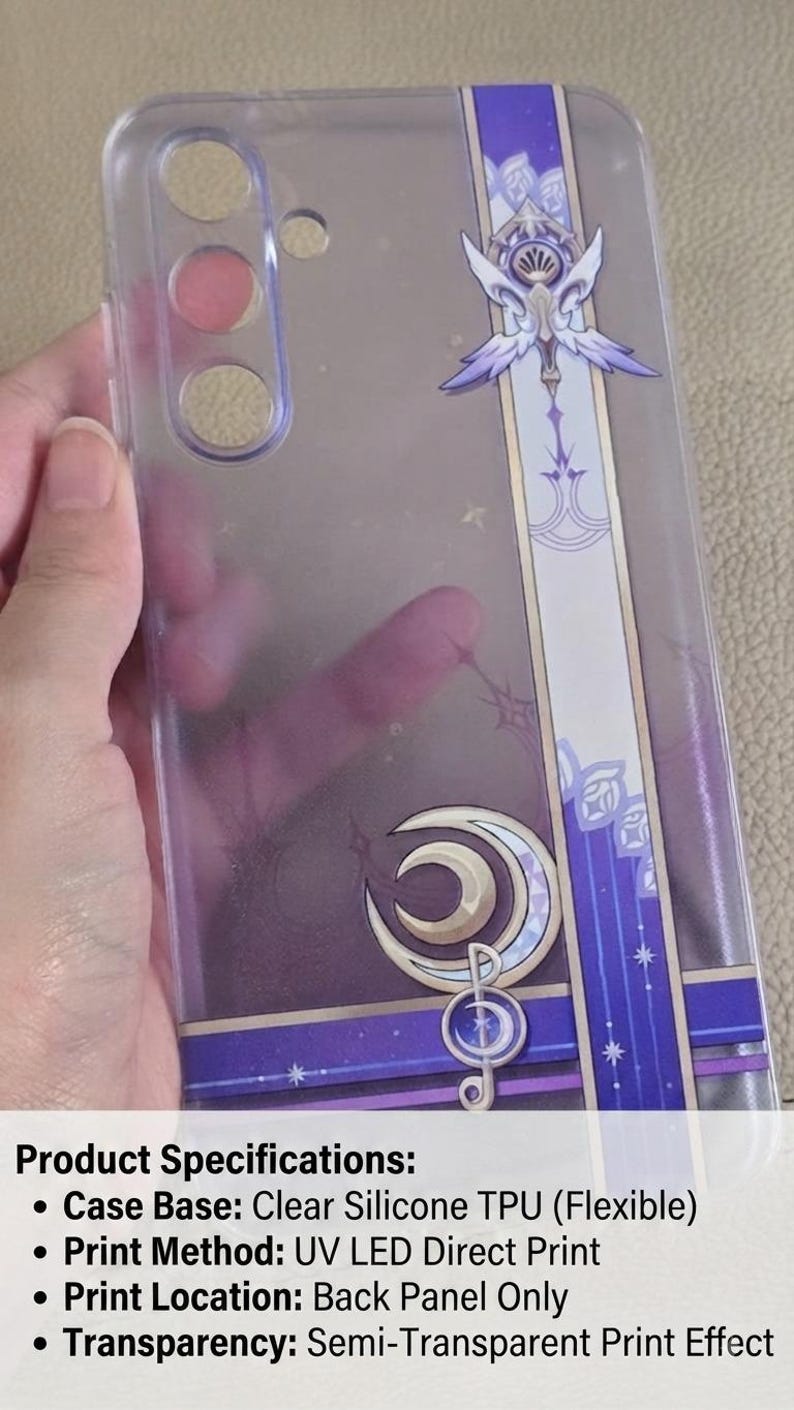 May include: A clear flexible silicone TPU phone case featuring a vertical purple and white graphic design with a central winged emblem and a crescent moon symbol. The case includes cutouts for a camera array and a semi-transparent print effect.