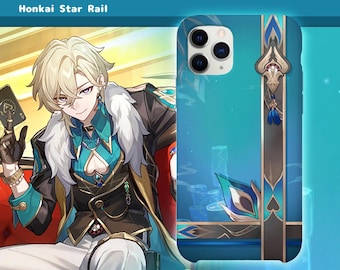 Pode incluir: Uma capa de smartphone com fundo degradê azul e turquesa, uma faixa vertical dourada metálica, um emblema em forma de espadas e um motivo de pena de pavão. O texto "Aventurine" e "Honkai Star Rail" aparece acima.