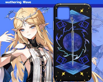 Puede incluir: Una funda de smartphone negra con un gráfico de espada central, una nebulosa circular azul oscuro y formas geométricas azules. El diseño incluye estrellas amarillas. El texto CARTETHYIA y wuthering Wave aparece en blanco en la parte superior.