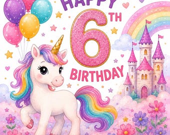 Tarjeta de cumpleaños de unicornio para imprimir / Feliz 6º cumpleaños / Tarjeta de cumpleaños de unicornio para niñas / Tarjeta de cumpleaños arcoíris plegable 5x5 (descarga en PDF)
