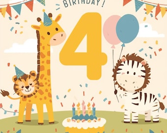 Peut inclure: Une illustration d'anniversaire avec un grand chiffre 4 jaune, une girafe portant un chapeau de fête bleu, un zèbre tenant deux ballons et un gâteau avec cinq bougies allumées. La scène est décorée de guirlandes et de confettis colorés.