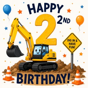 May include: A cartoon yellow excavator sits on a pile of dirt with a large yellow number 2 behind it. The text reads HAPPY 2ND BIRTHDAY! and DIG IN & HAVE FUN! on a yellow sign. Orange traffic cones, blue and orange balloons, and stars surround it.