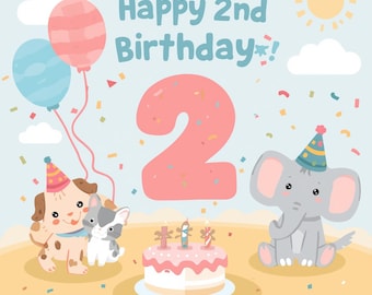 Cartão de 2º aniversário com tema animal: cartão para imprimir para crianças pequenas (download digital em PDF e JPG)