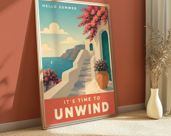 Mediterranes Sommer-Küstenposter | Retro-Reiseposter für die Wand | Kunstdruck eines mediterranen Küstenhauses | Geschenkidee für Zuhause