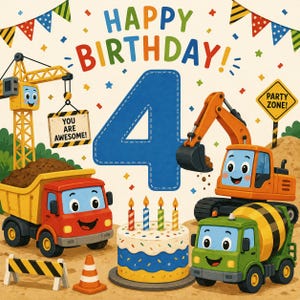 May include: A birthday illustration featuring a large blue number 4, a yellow crane with a sign reading YOU ARE AWESOME, a red dump truck, an orange excavator, a green cement mixer, a birthday cake with four candles, and a PARTY ZONE sign.