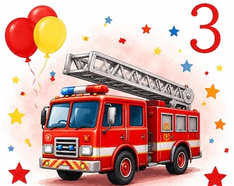 Carte d'anniversaire imprimable sur le thème des camions de pompiers | Carte d'anniversaire camion de pompiers | Carte d'anniversaire à télécharger | Carte d'anniversaire aquarelle pour enfants