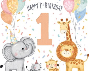 Tarjeta de primer cumpleaños imprimible / Tema de animales de safari adorables / Elefante bebé, jirafa, león / Fiesta en la jungla en tonos pastel / Descarga digital
