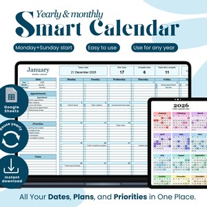 Calendario anual y mensual: Rastreador de tareas, lista de tareas mensuales, planificador de productividad (Descarga digital)