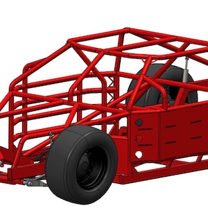 Pode incluir: Chassi de carro de corrida vermelho com gaiola de proteção, pneus pretos e assento preto. A estrutura do veículo é construída com tubos de metal vermelho, e as rodas são grandes e pretas.