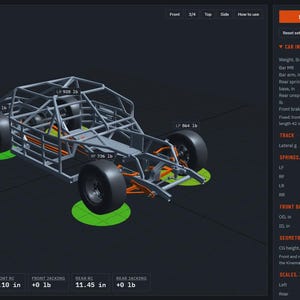 May include: A digital interface titled LATE MODEL SETUP LAB displaying a 3D wireframe chassis of a race car with orange suspension components and black tires. The screen includes various sliders for car inputs, track settings, and spring adjustments.