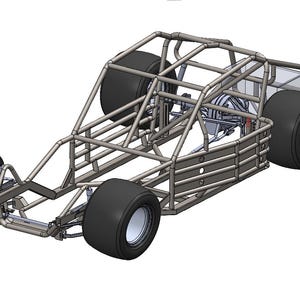 May include: A 3D render of a race car chassis, showcasing a tubular steel frame and large black tyres. The design includes a visible engine compartment, suggesting a focus on speed and performance. The vehicle is designed for racing.