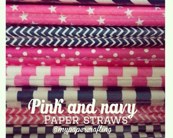 25 Navy blue and pink paper straws for wedding decoration/ pack