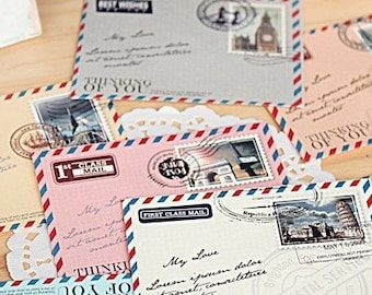10 mini sobres vintage para correo aéreo de colores