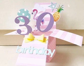 A2 size pop up birthday card in flamingo and pineapple