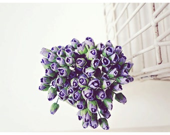 Mulberry Scrapbooking paper flower tiny purple rose Buds for crafting, wedding decoration / pack