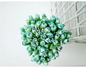 Mulberry Scrapbooking paper flower tiny Sea foam  rose Buds for crafting, wedding decoration / pack