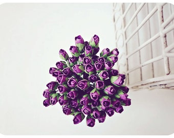 Mulberry Scrapbooking paper flower tiny dark magenta rose Buds for crafting, wedding decoration / pack