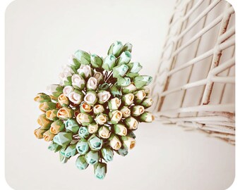 Mulberry Scrapbooking paper flower tiny mint and peach Buds for crafting, wedding decoration / pack