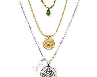 Conjunto de collares “F1” de Brad Pitt: colgantes de pica, ojo turco y esmeralda (juego de 3)