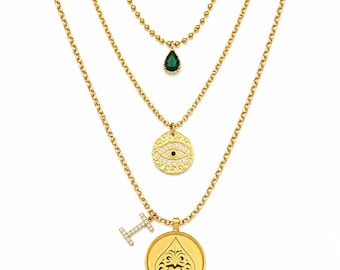 Brad Pitt “F1” Necklace Set – Spade, Evil Eye & Emerald Pendants (Set of 3) in Gold
