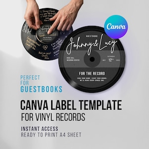 May include: Two black vinyl record guestbooks with handwritten messages and the text "Johnny & Lucy" and "For the Record." The image also includes the text "Canva Label Template for Vinyl Records."
