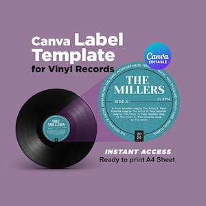 May include: A black vinyl record with a teal and white label featuring the text "THE MILLERS" and "SIDE A". The image also includes the text "Canva Label Template for Vinyl Records" and "INSTANT ACCESS".