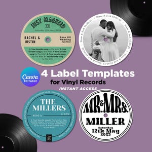 May include: Four vinyl record label templates are displayed, featuring various designs. One label is green with "Just Married" and wedding details. Another shows a couple's photo. The third is teal with "The Millers". The last is black and white with "Mr. & Mrs. Miller".