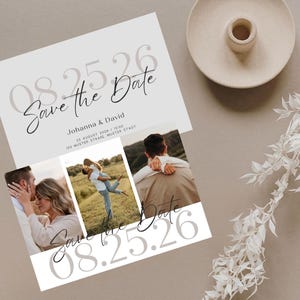 以下が含まれることがあります： 「Save the Date」の文字と日付「08.25.26」が書かれた2枚の結婚式の招待状。1枚のカードにはカップルの写真コラージュが、もう1枚のカードには「Johanna & David」の名前とイベントの詳細が記載されています。