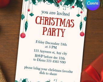 May include: A cream-colored Christmas party invitation with red and green accents. The text "CHRISTMAS PARTY" is in large red letters. The invitation includes details such as the date, time, location, and RSVP information. The design features holly and ornaments.