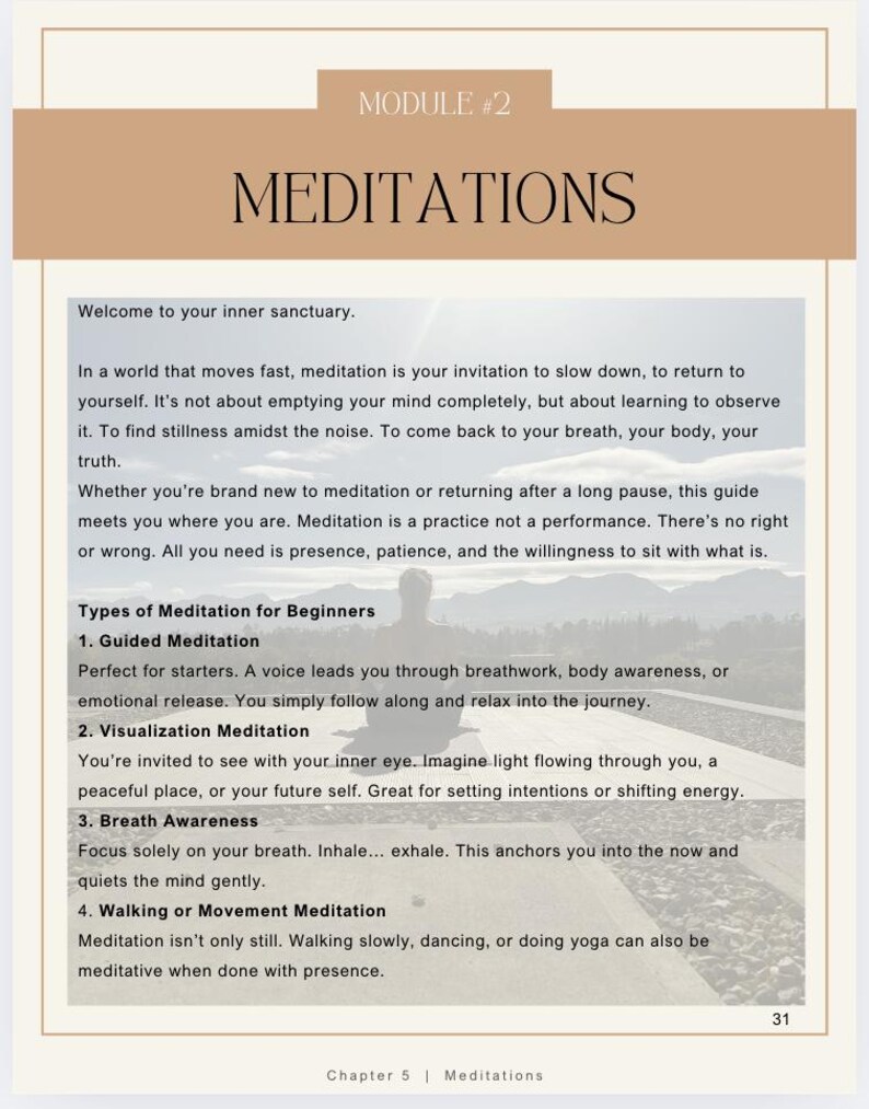 Puede incluir: Una p&aacute;gina de una gu&iacute;a sobre meditaci&oacute;n, con el t&iacute;tulo "MEDITATIONS" en letras grandes y en negrita. La p&aacute;gina incluye un texto introductorio sobre la meditaci&oacute;n y enumera cuatro tipos de meditaci&oacute;n para principiantes. El fondo es de color beige claro.