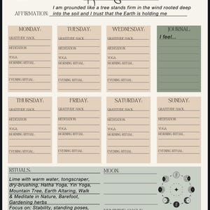 Puede incluir: Planificador de rituales semanales en beige y verde. Incluye secciones para rituales diarios, afirmaciones y una indicaci&oacute;n de diario. El texto incluye "Week of: Rooted Soul" y "I am grounded like a tree stands firm..."