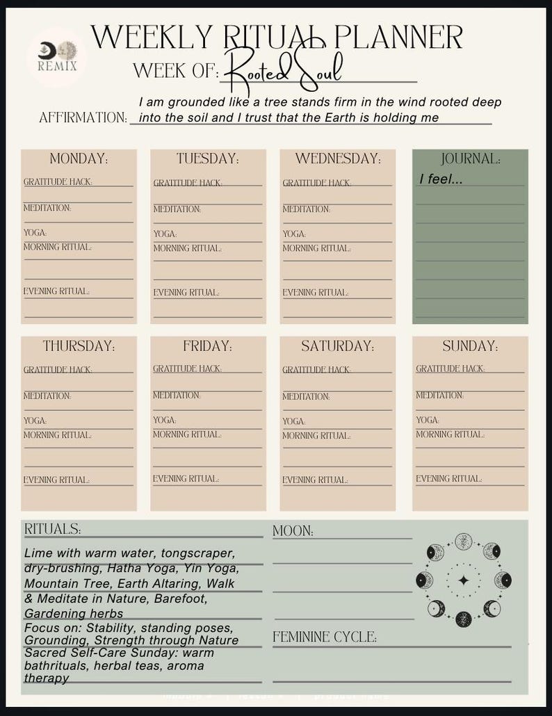 Puede incluir: Planificador de rituales semanales en beige y verde. Incluye secciones para rituales diarios, afirmaciones y una indicaci&oacute;n de diario. El texto incluye "Week of: Rooted Soul" y "I am grounded like a tree stands firm..."