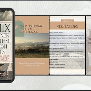 Puede incluir: Un smartphone muestra la portada de un libro titulado "REMIX YOUR INNER ALGORITHM THROUGH RITUALS". P&aacute;ginas adyacentes muestran contenido sobre biohacking, meditaciones y una cita de Les Brown: "YOU ARE NEVER TOO OLD TO DREAM A NEW DREAM."