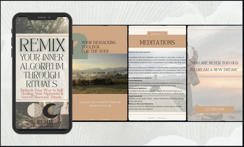 Puede incluir: Un smartphone muestra la portada de un libro titulado "REMIX YOUR INNER ALGORITHM THROUGH RITUALS". P&aacute;ginas adyacentes muestran contenido sobre biohacking, meditaciones y una cita de Les Brown: "YOU ARE NEVER TOO OLD TO DREAM A NEW DREAM."