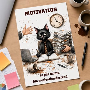 Peut inclure: Une affiche intitulée MOTIVATION représentant un chat noir portant une cravate à un bureau avec un ordinateur portable, une pile de papiers, une horloge et des tasses. Le texte en bas indique La pile monte. Ma motivation descend.
