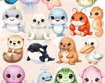 Kawaii Meerestiere Clipart, Meerestiere, kommerzielle Nutzung (digitaler Download)