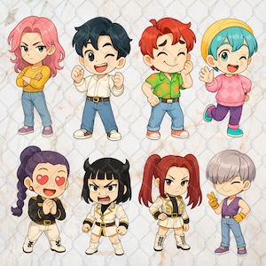 Kpop Demon Hunters 48 Chibi Clipart Bundle, Cute kawaii Chibi Pack, Sa-ja Boy Png, Hun-trix Png, Sa-ja Girls Bands Png, Mi.ra, Ru.mi, Zo.ey