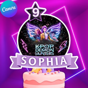 K-Pop Demon Hunter Birthday Cake Toppers | Printable Party Decor | Editable Canva Template | Cool Anime-Inspired Cake Topper | Huntrix, Rumi