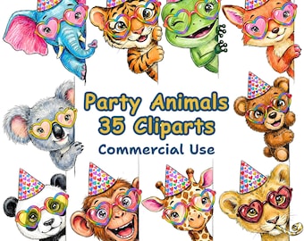 Party Tiere Clipart Bundle, Dschungel Geburtstag Tiere, 35 PNGs (Digitaler Download)