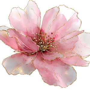 Peut inclure: Gros plan sur une fleur délicate de style aquarelle, avec des pétales roses et blancs. La fleur est soulignée et ornée de paillettes dorées, et le centre présente un groupe d'étamines dorées. Le fond est blanc uni.