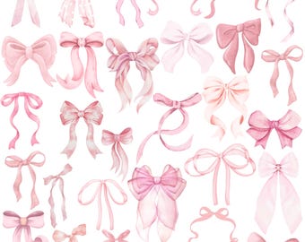 Pink Watercolor Bow Clipart 40 PNG & PDF Bundle - Blush Pastel Ribbon Digital Art