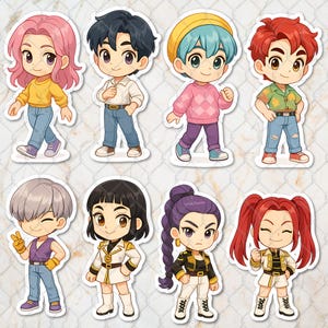 Kpop Demon Hunters 8 Chibi Digital Stickers Bundle, Cute kawaii Chibi Pack, Sa-ja Boy Png, Hun-trix Png, Sa-ja Girls Bands Png, Mi.ra, Ru.mi